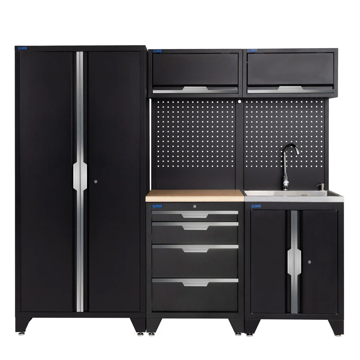 SGS 7pc Garage Storage System | 4 Drawers | Pressed Wood Worktop | Sink Unit | 2x Upper Cabinets | Tall Double Cabinet